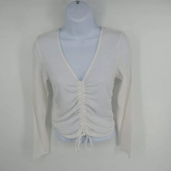 Ultra Flirt Ruched Rib Knit V-Neck Long Sleeve Top Medium White NWT $24 - Picture 1 of 4